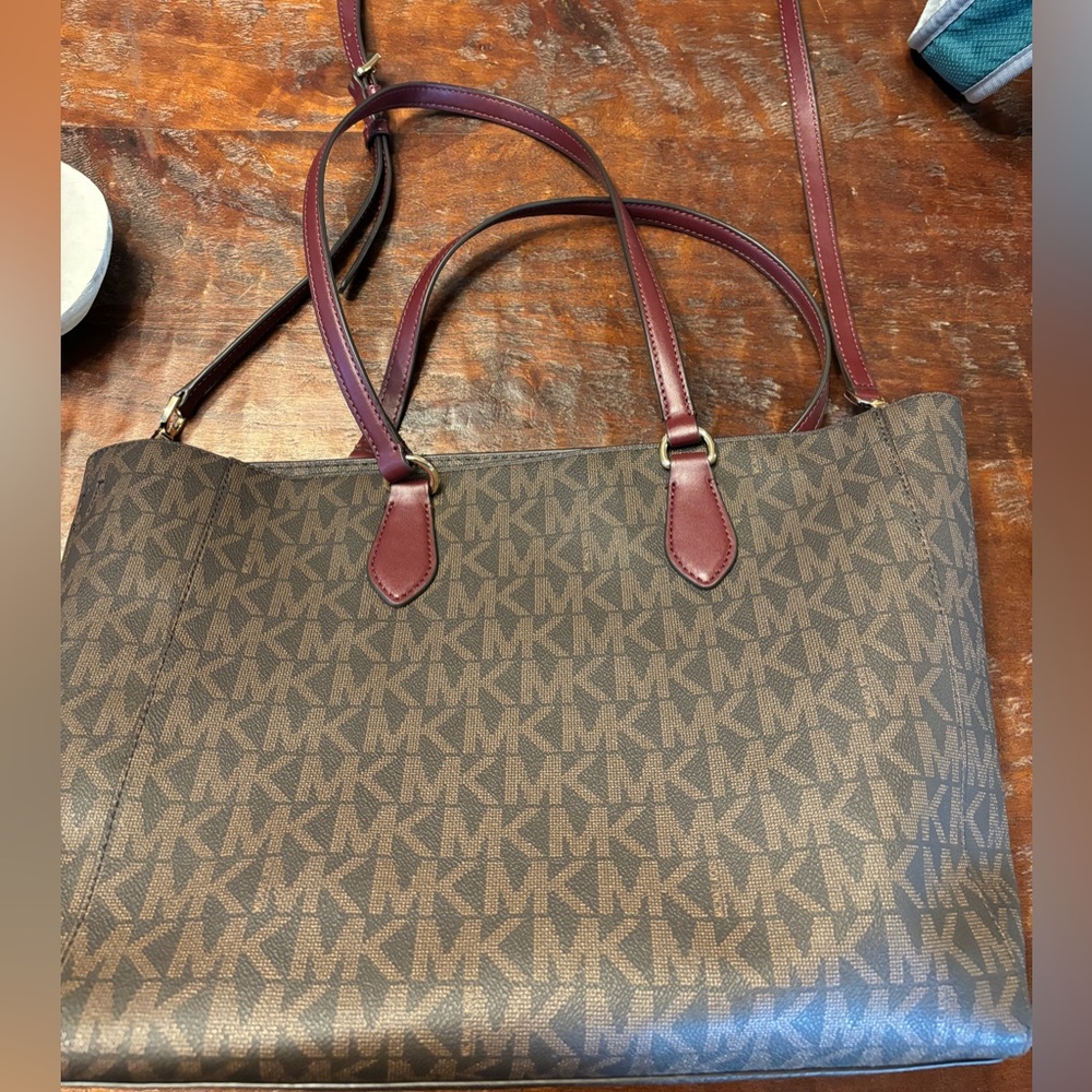 Brown and burgundy Michael Kors Large Tote, with two interior bags